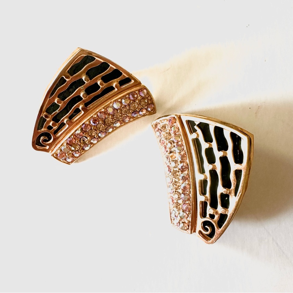 Rose Gold Black Enamel & Pink Crystal Fan Stud Earrings - Women Jewelry